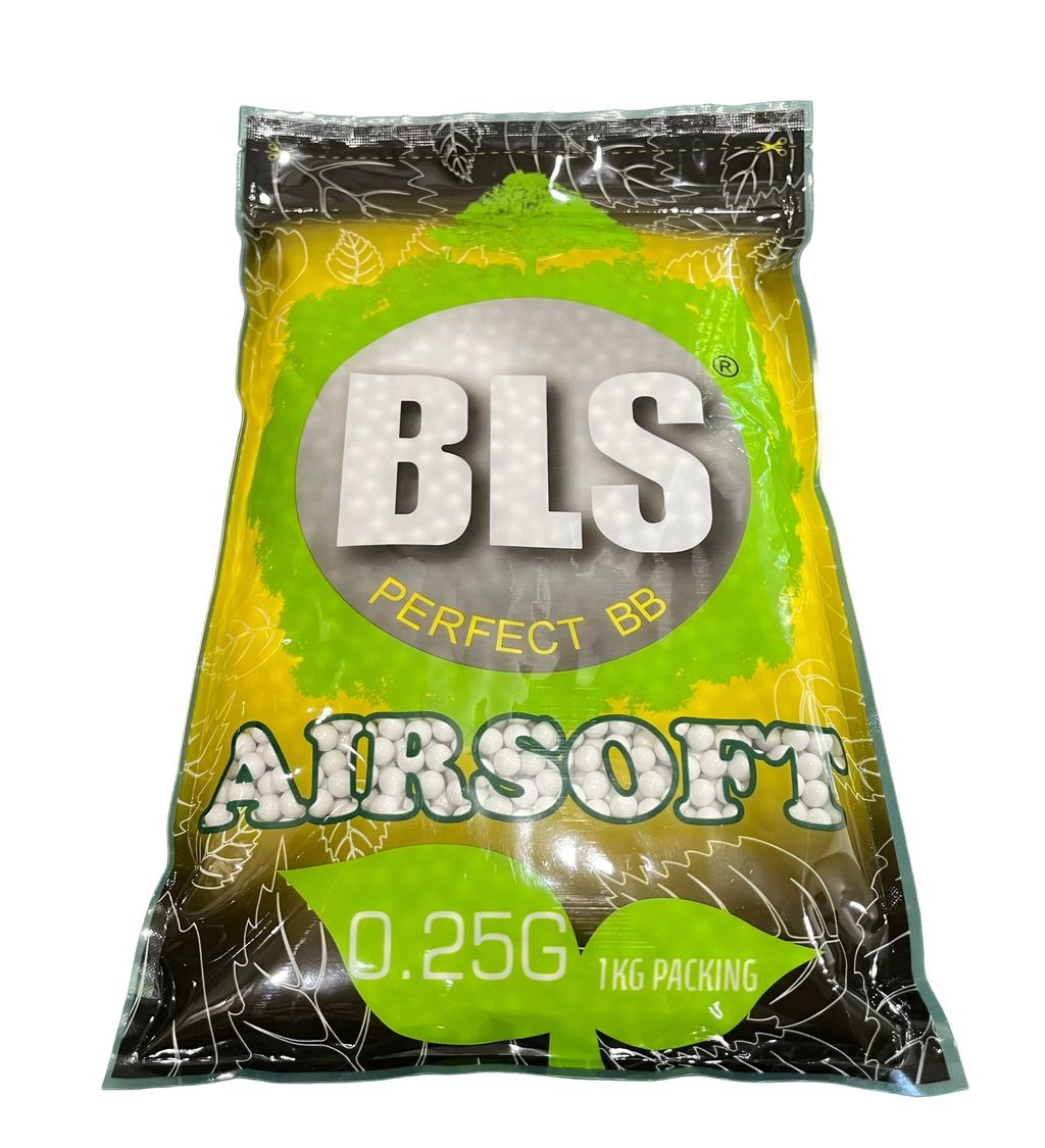 Packaging of BLS airsoft BBs with green and gray design on a green background