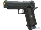 Black handgun with gold accents on a white background