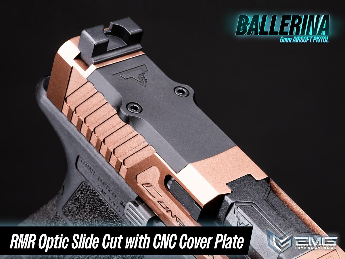 Airsoft pistol with RMR optic slide cut and CNC cover plate on a dark background, featuring the EMG brand.