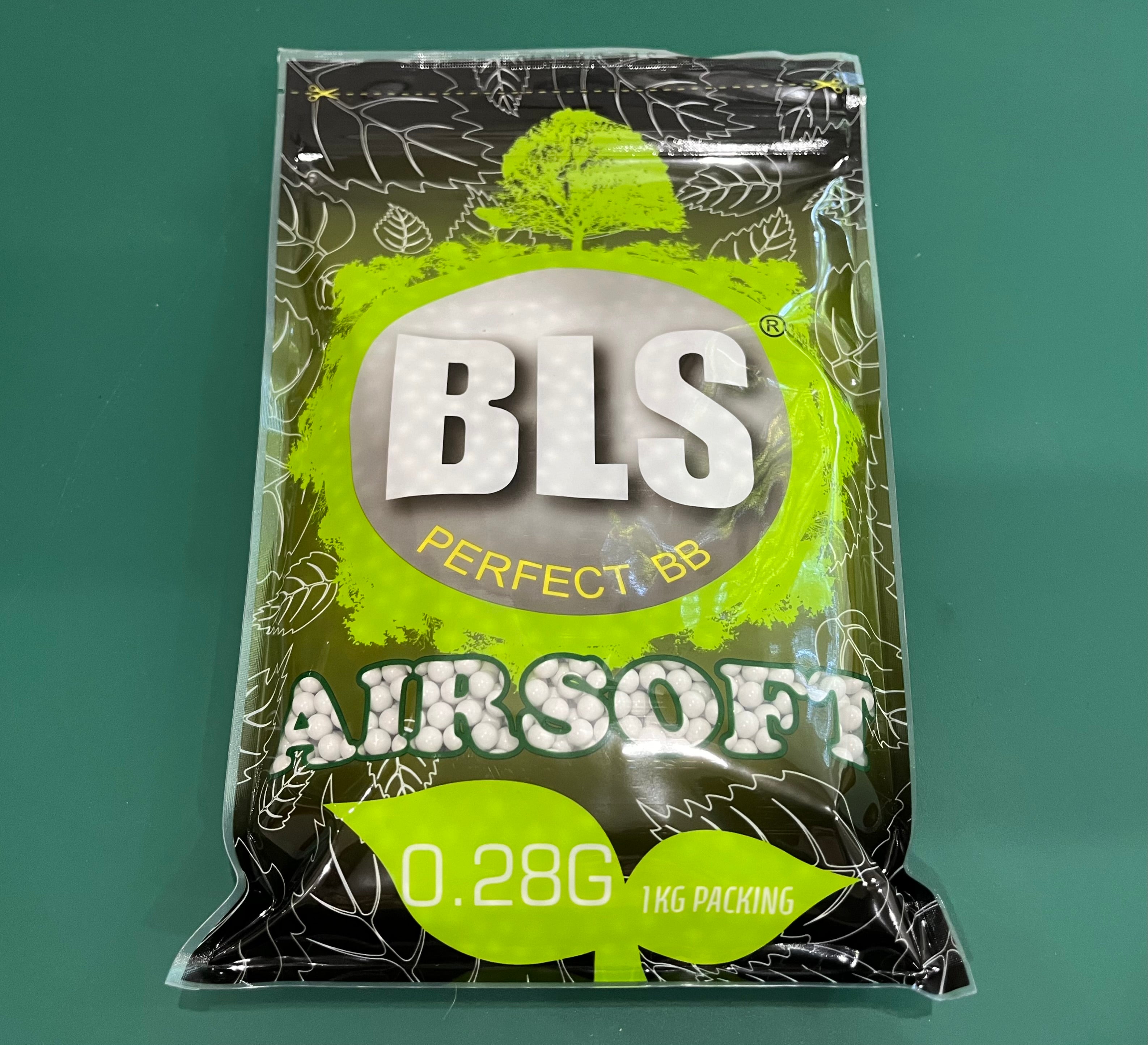 Packaging of BLS airsoft BBs with green and black design on a green background