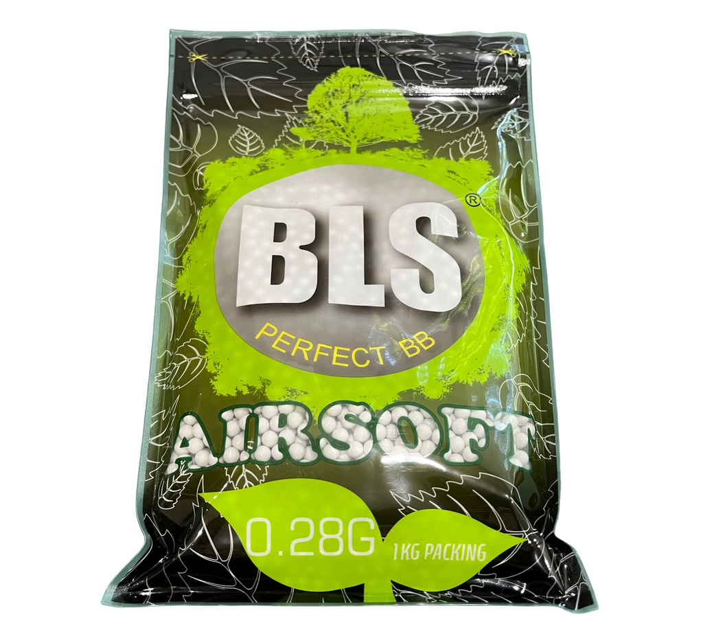 Packaging of BLS airsoft BBs with green and black design on a green background