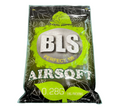 Packaging of BLS airsoft BBs with green and black design on a green background