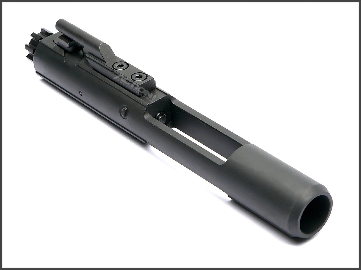 VFC M4 V3 airsoft bolt carrier group rear angled view showing hollow carrier end and gas key screws.