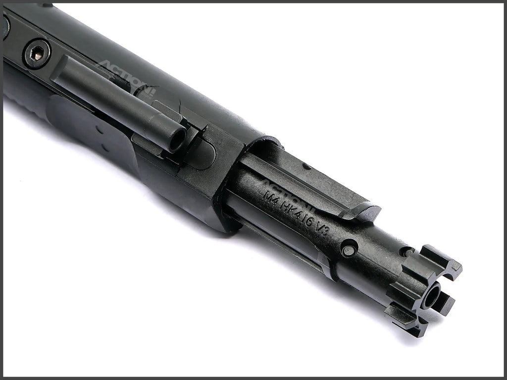 VFC M4 V3 airsoft bolt carrier close-up showing extended nozzle, retaining pin and M4 HK416 V3 marking.