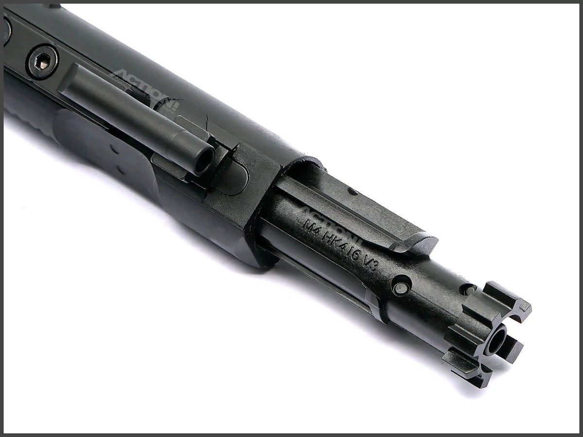 VFC M4 V3 airsoft bolt carrier close-up showing extended nozzle, retaining pin and M4 HK416 V3 marking.