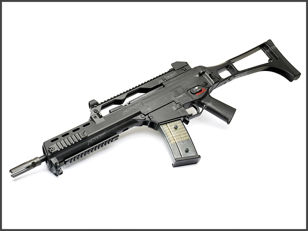 Umarex VFC G36KV V2 airsoft rifle angled top-left view with carry handle rail, transparent magazine and stock.