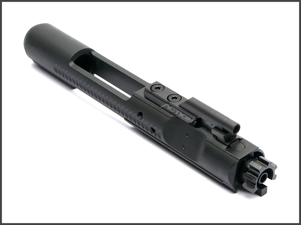VFC M4 V3 reinforced airsoft bolt carrier group front angled view with gas key and nozzle visible.