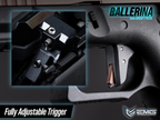Close-up of a firearm with a focus on the trigger mechanism, featuring the brand 'EMG'.