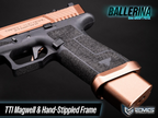Glock pistol with copper slide and black frame on a dark background, featuring EMG International branding.
