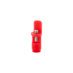 Red plastic component with metal screws on a white background