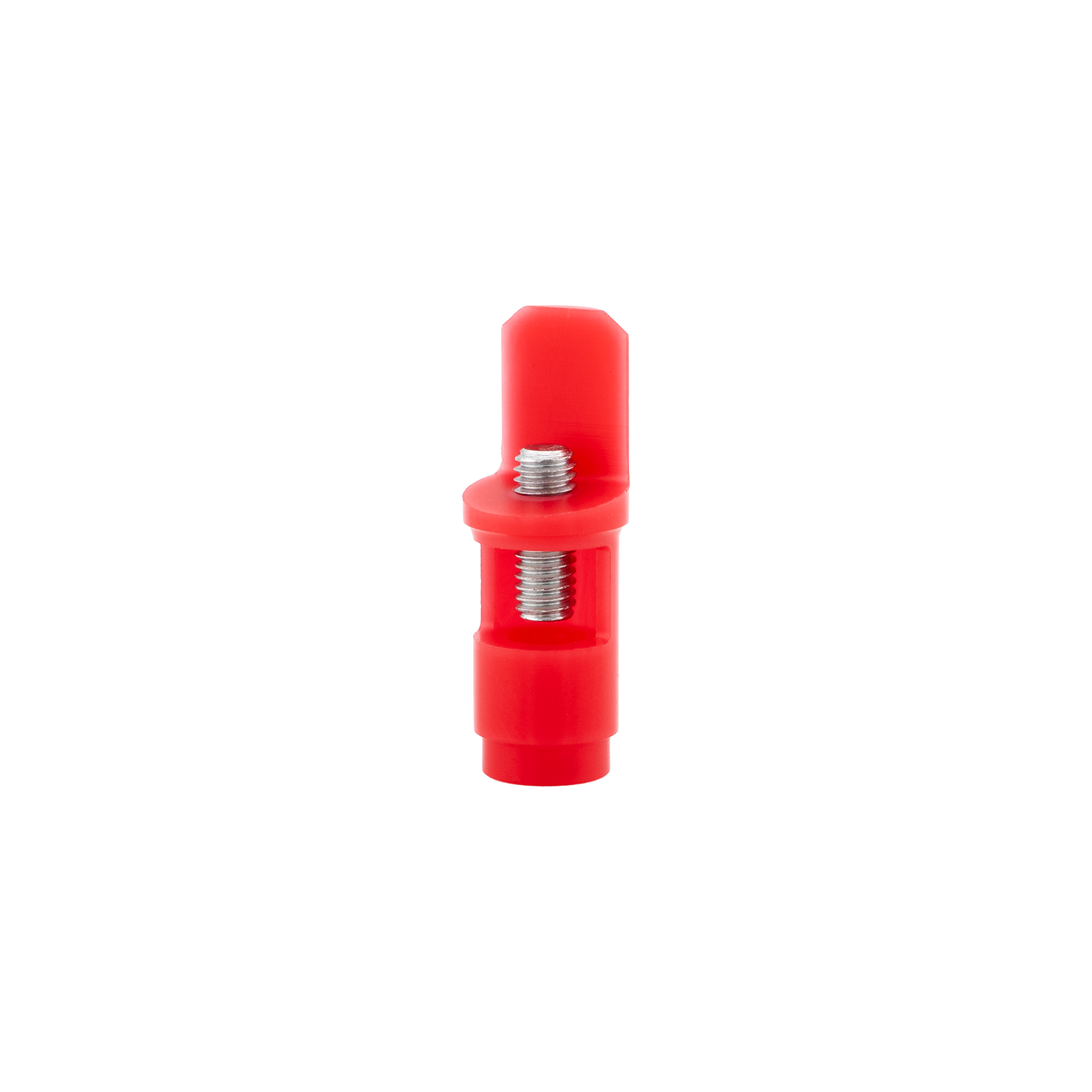 Red plastic component with metal screws on a white background