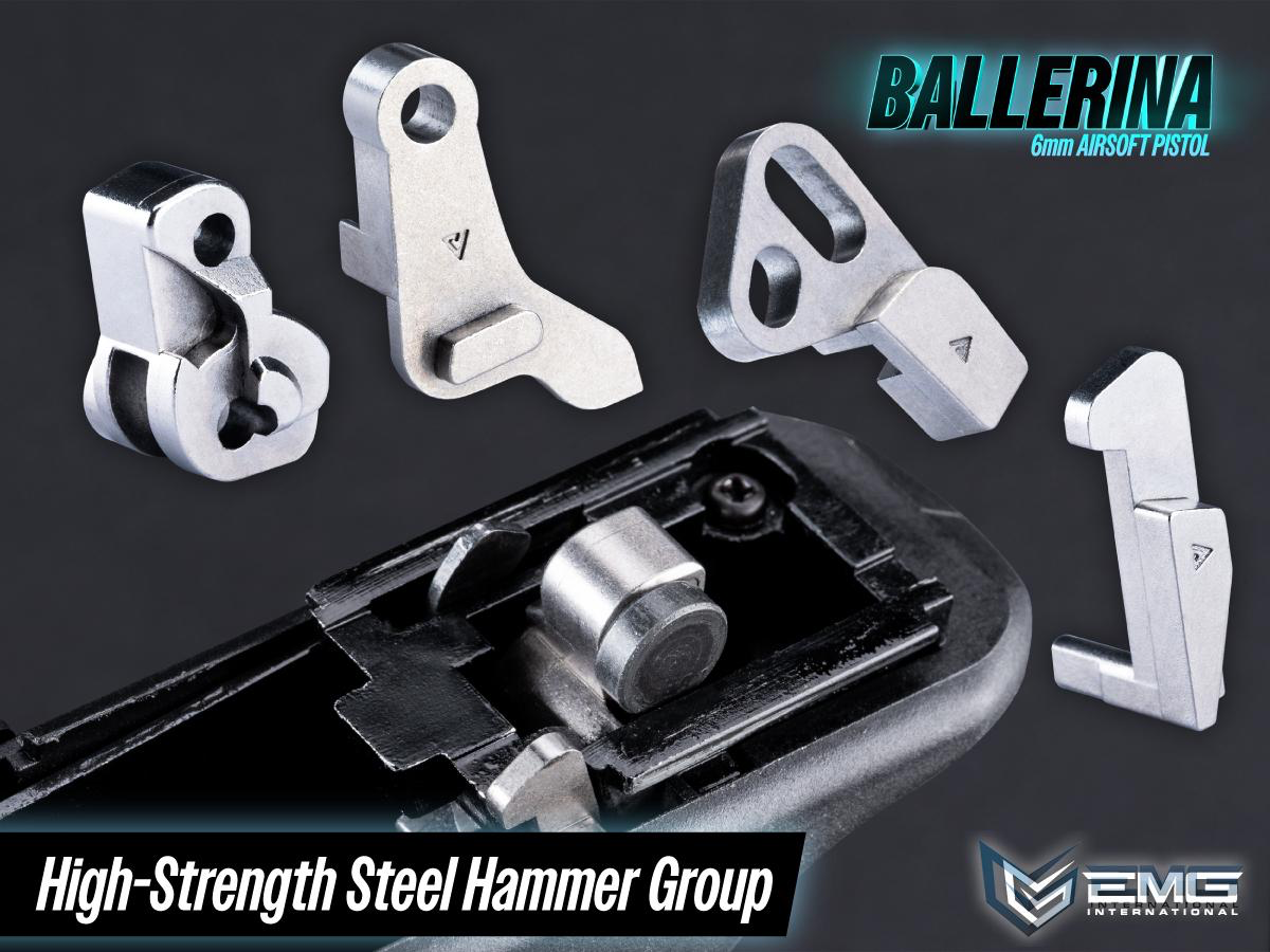 High-strength steel hammer group for a BB gun on a dark background with 'EMG' branding.