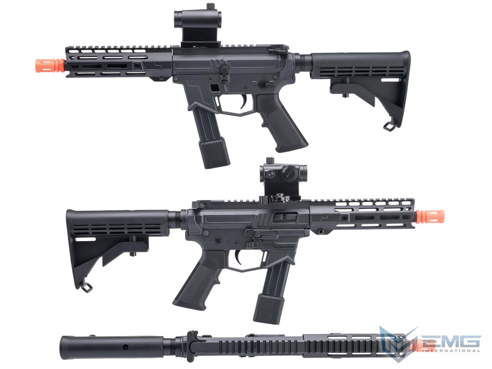 Two black airsoft rifles with orange nocks on a white background, featuring the EMG logo.