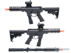 Two black airsoft rifles with orange nocks on a white background, featuring the EMG logo.
