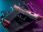 Glossy gun with pink and black design on a purple and blue gradient background