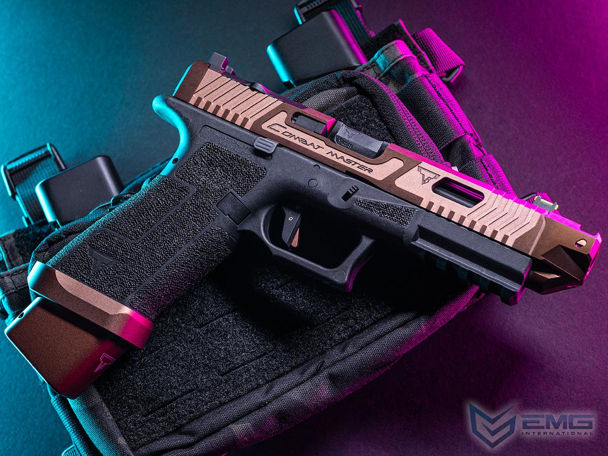 Glossy gun with pink and black design on a purple and blue gradient background