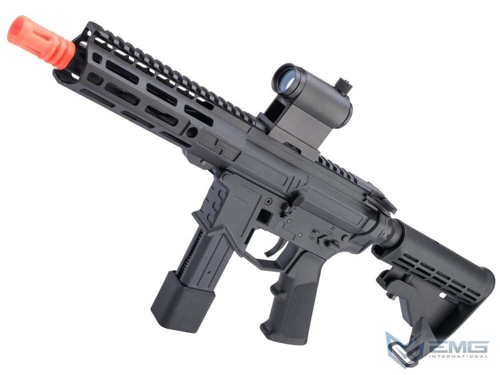 Black airsoft gun with red tip on a white background