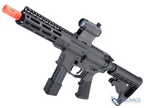 Black airsoft gun with red tip on a white background