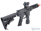 Black airsoft gun with scope and paintball attachment on a white background, featuring EMG logo.