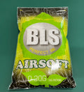 Packaging of BLS Airsoft BBs with green and black design on a green background