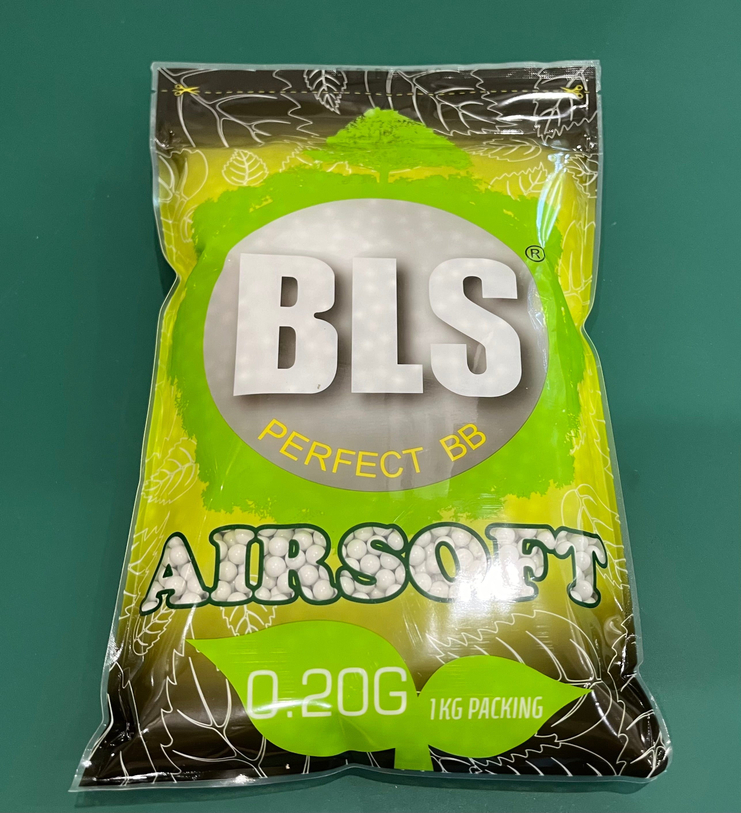 Packaging of BLS Airsoft BBs with green and black design on a green background