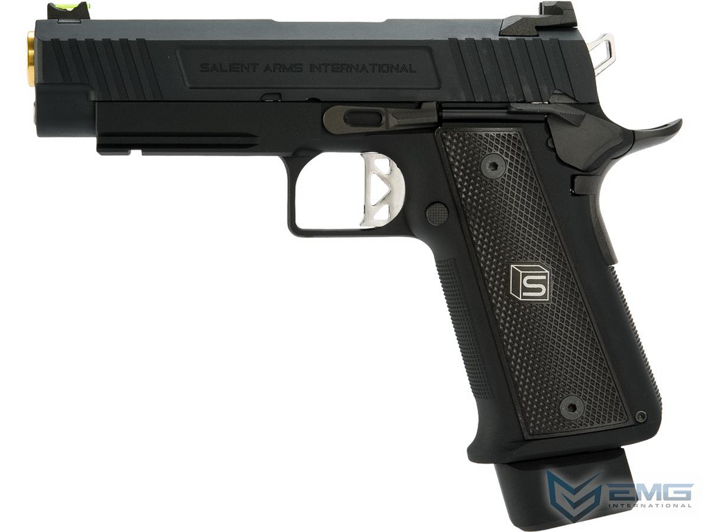 Black handgun with visible brand logo on a white background