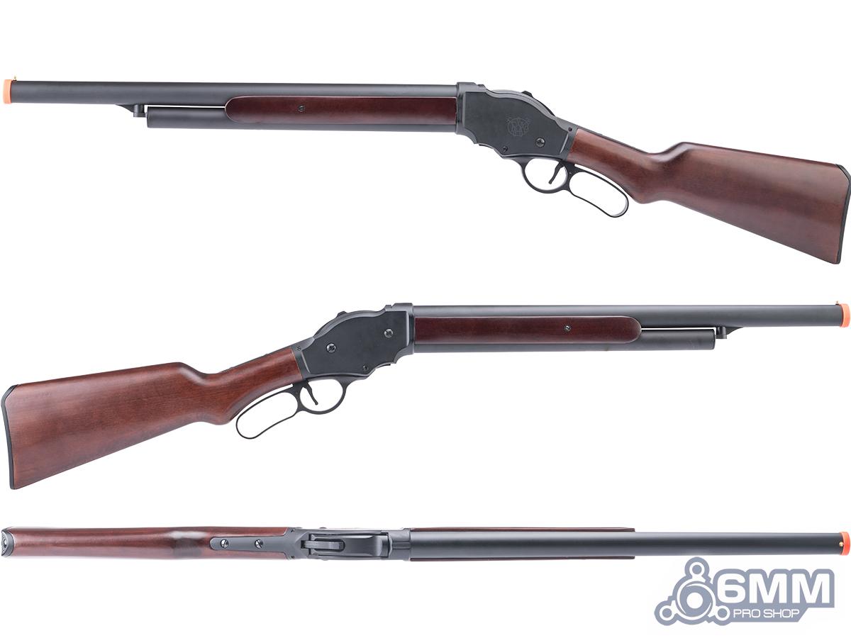 Three views of a double-barrel shotgun with a dark gray metal receiver and barrel, and a reddish-brown wooden stock and fore-end, shown on a white background with a 6MM Pro Shop logo in the bottom right corner.