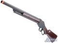 A replica or airsoft rifle with a dark gray metallic barrel and receiver, a brown wooden stock, and an orange tip, shown against a plain white background.