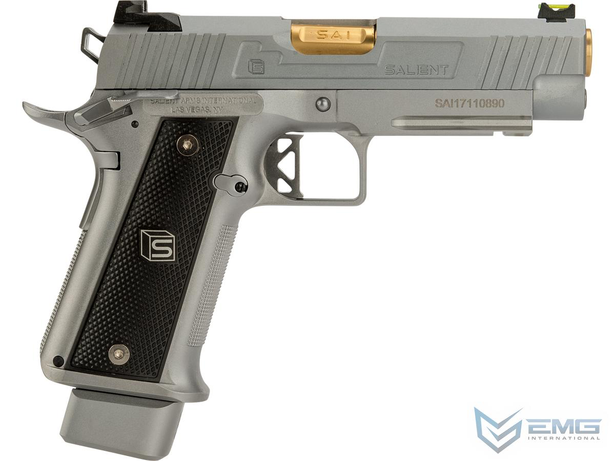 Silver handgun with gold accents on a white background, featuring the EMG logo.