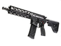 A black tactical airsoft rifle with a long rail guard, textured grip, and adjustable stock, shown on a white background with Action1 and ZVO logos.