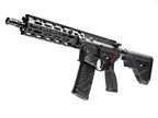 A black tactical airsoft rifle with a long rail guard, textured grip, and adjustable stock, shown on a white background with Action1 and ZVO logos.