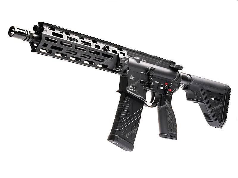 A black tactical airsoft rifle with a long rail guard, textured grip, and adjustable stock, shown on a white background with Action1 and ZVO logos.
