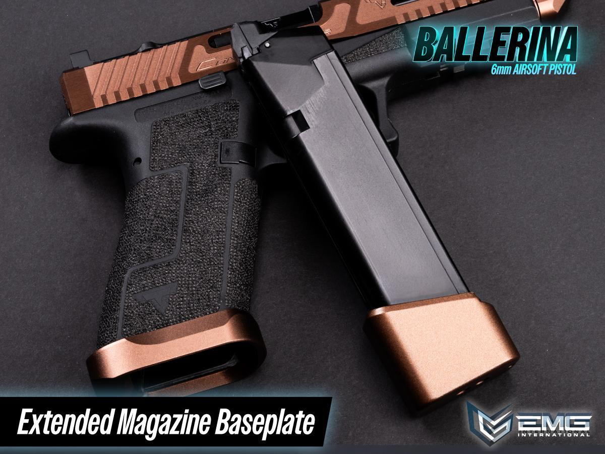 Airsoft pistol with extended magazine baseplate on a dark background, featuring the brand 'EMG'.