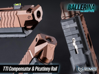 Close-up of a gun with TTI compensator and Picatinny rail on a dark background, featuring the EMG Industries logo.