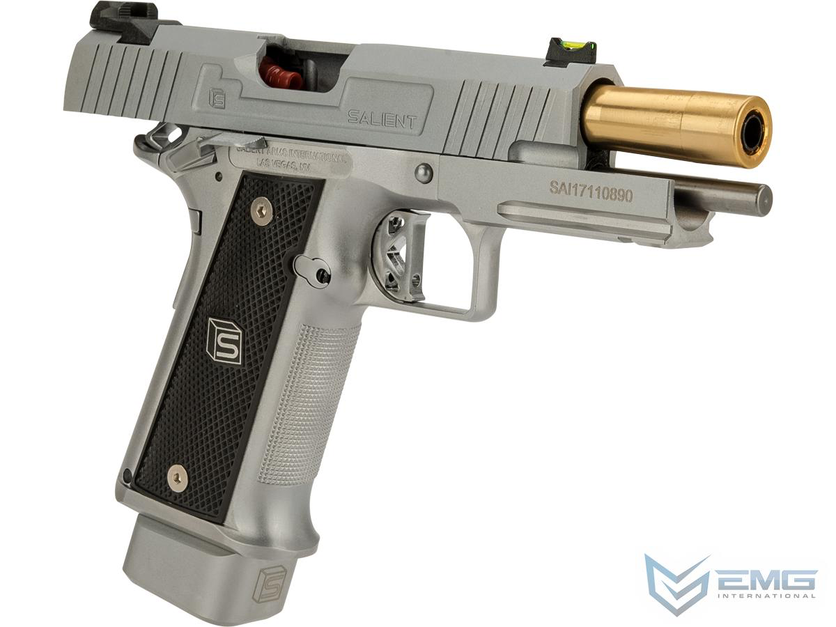 Silver and black handgun with gold barrel on a white background, featuring the EMG logo.