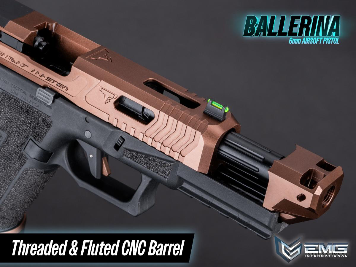 Airsoft pistol with threaded and fluted CNC barrel on a dark background, featuring EMG International branding.