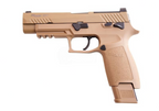 Tan handgun with black accents on a white background