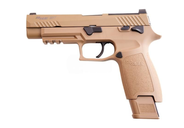 Tan handgun with black accents on a white background