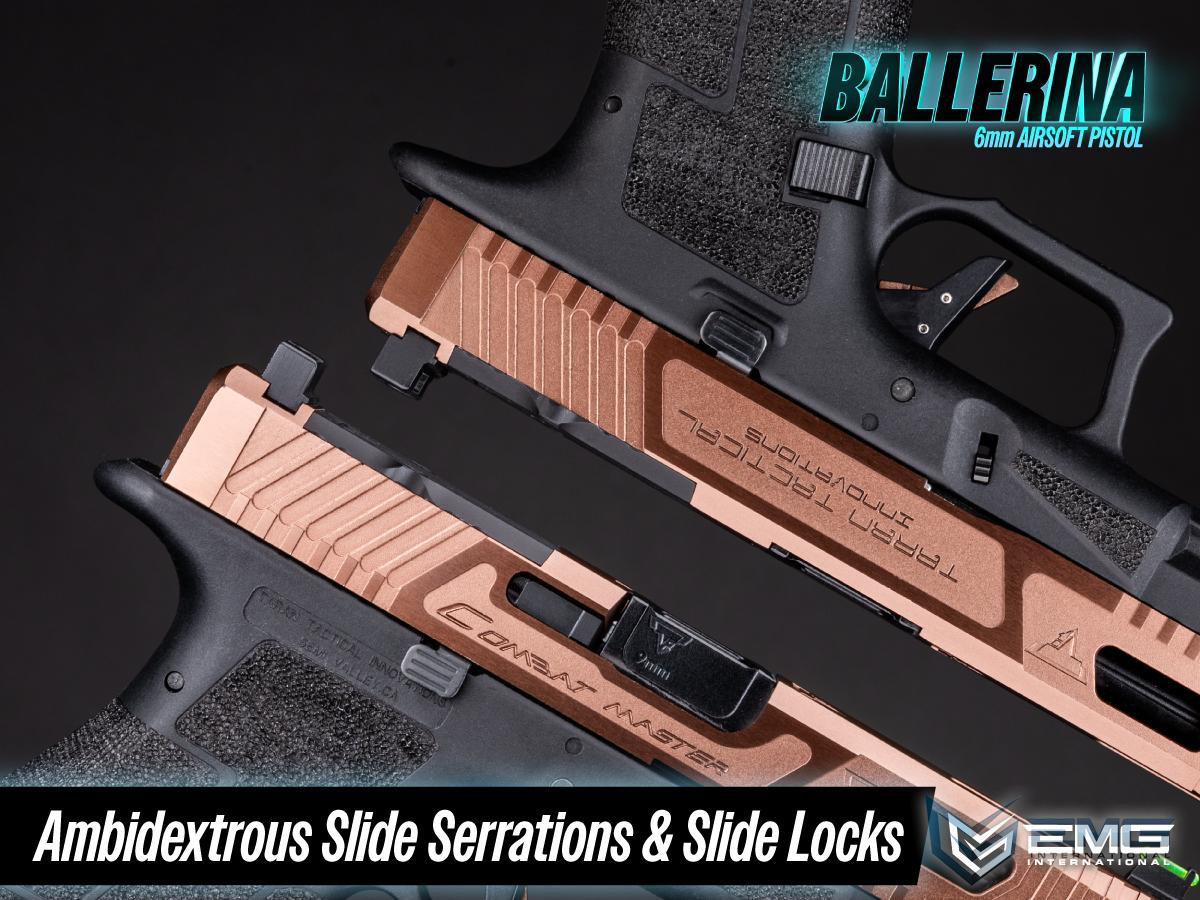 Close-up of an airsoft pistol with 'Ballerina' branding and 'EMG' logo.