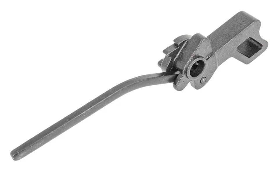 Metal lever or control mechanism on a white background