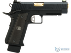 Black handgun with gold accents on a white background, featuring the EMG logo.