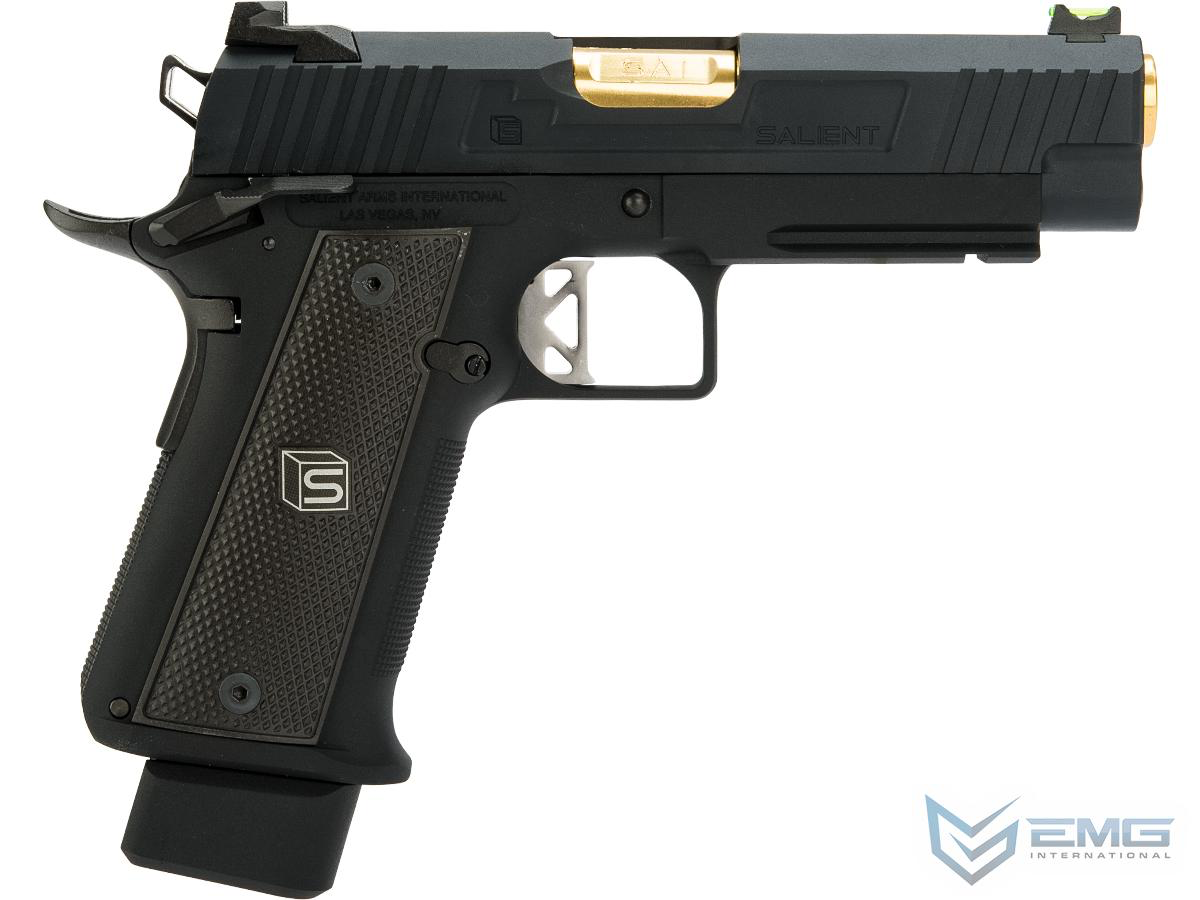 Black handgun with gold accents on a white background, featuring the EMG logo.