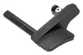Black metal lever with a cylindrical component on a white background