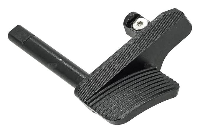 Black metal lever with a cylindrical component on a white background