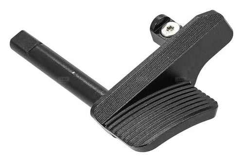 Black metal lever with a cylindrical component on a white background