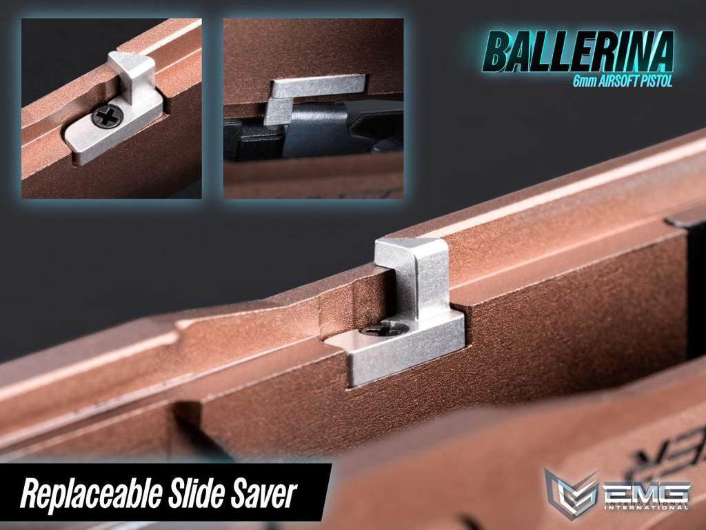 Close-up of an airsoft pistol slide with 'Ballerina' branding and 'EMG' logo.