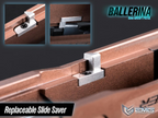 Close-up of an airsoft pistol slide with 'Ballerina' branding and 'EMG' logo.