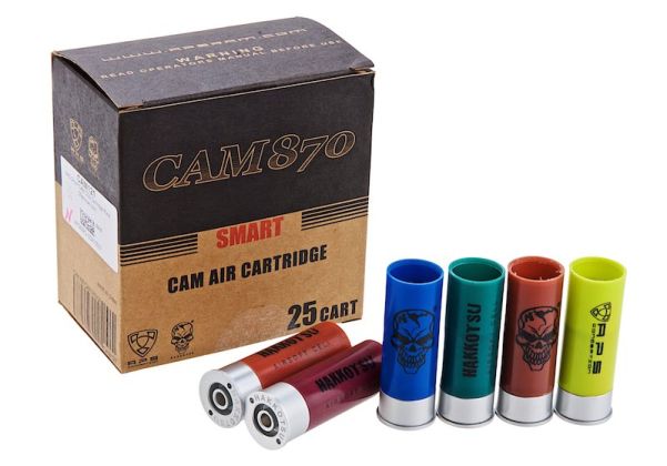 A box of Cam870 Smart Cam Air Cartridge 25-count shotgun shells shown with four colorful shell casings in blue, green, red, and yellow on a white background.