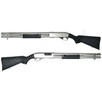 A double-barrel shotgun shown from two different angles (side-by-side) against a plain white background, featuring a polished silver metal receiver and barrels with black textured grip sections and black synthetic stock and foregrip.