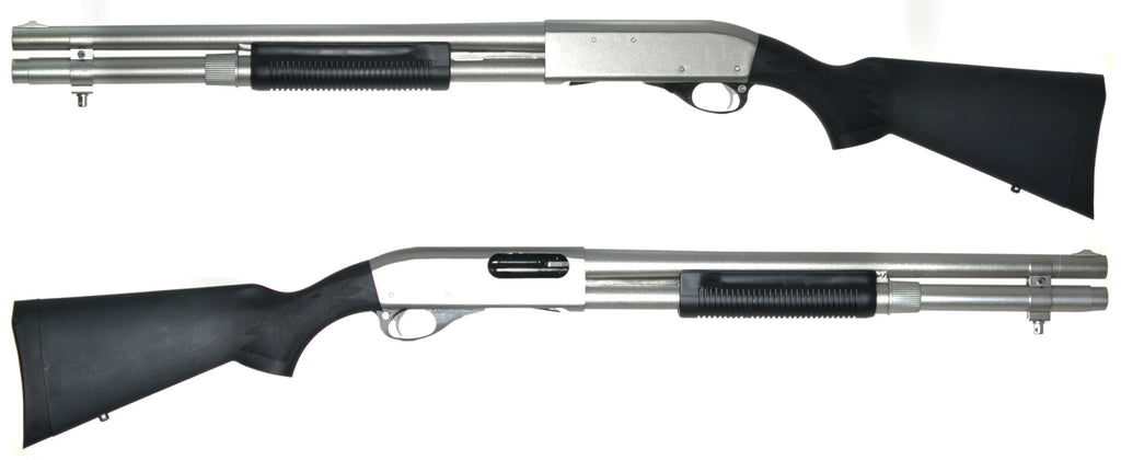 Two views of a pump-action shotgun with a silver metallic receiver and barrel, black textured grip, and black synthetic stock and forend, shown on a plain white background.